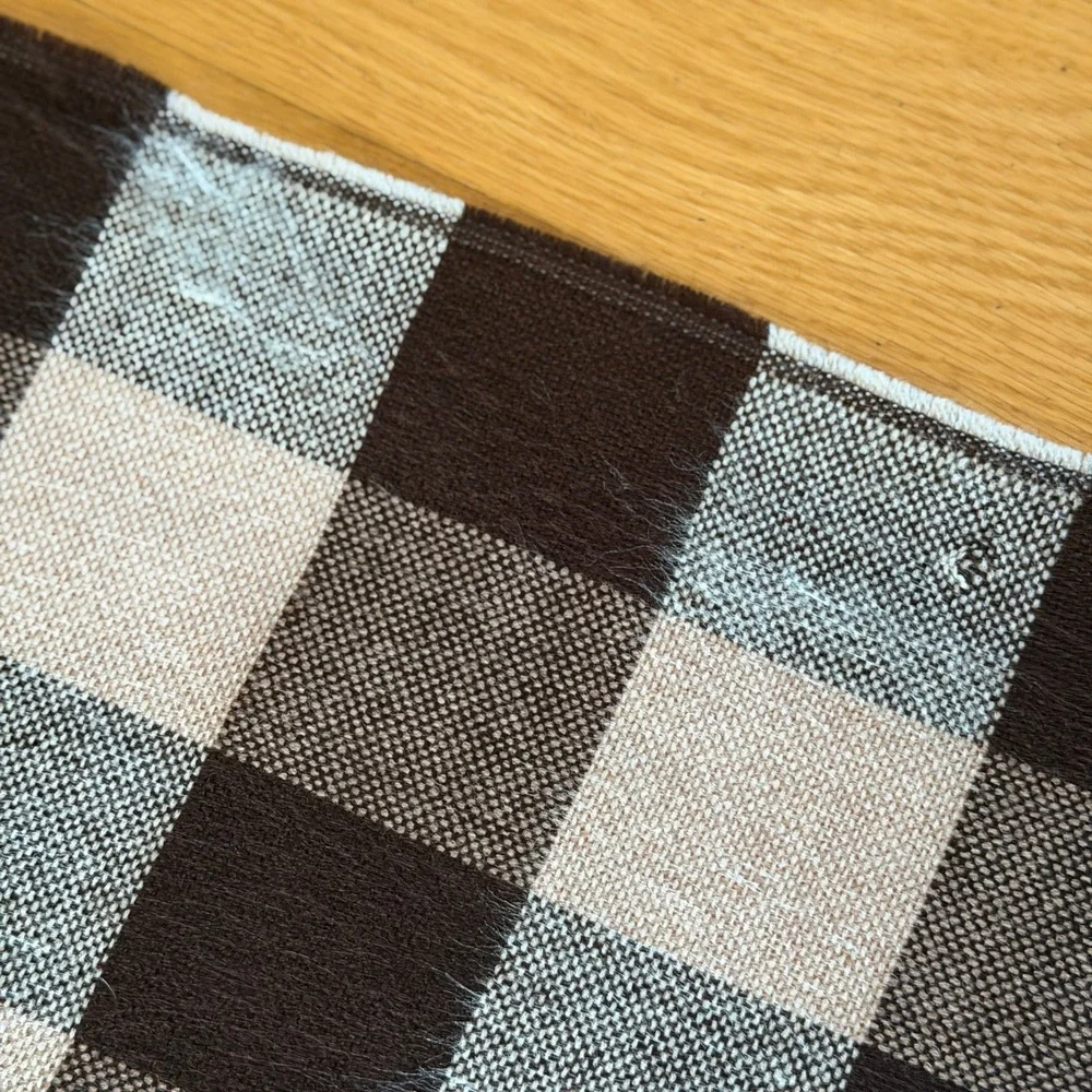 Vtg 70s Brown Buffalo Plaid Checkered Fringed Scarf Woven Tan Cream Cabincore